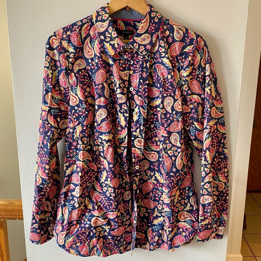 Talbots Navy Paisley Button-Down Shirt with Pink & Cream Accents